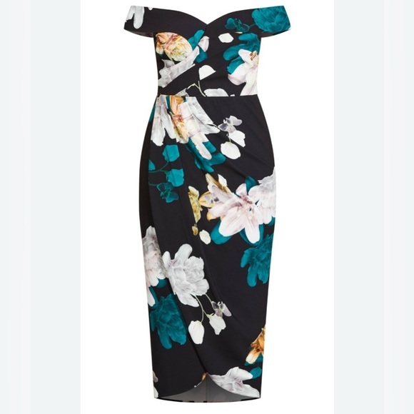 CITY CHIC FLORAL GLOW DRESS Floral Off-Shoulder Dress - Black and Teal NEW 20 - Picture 2 of 10